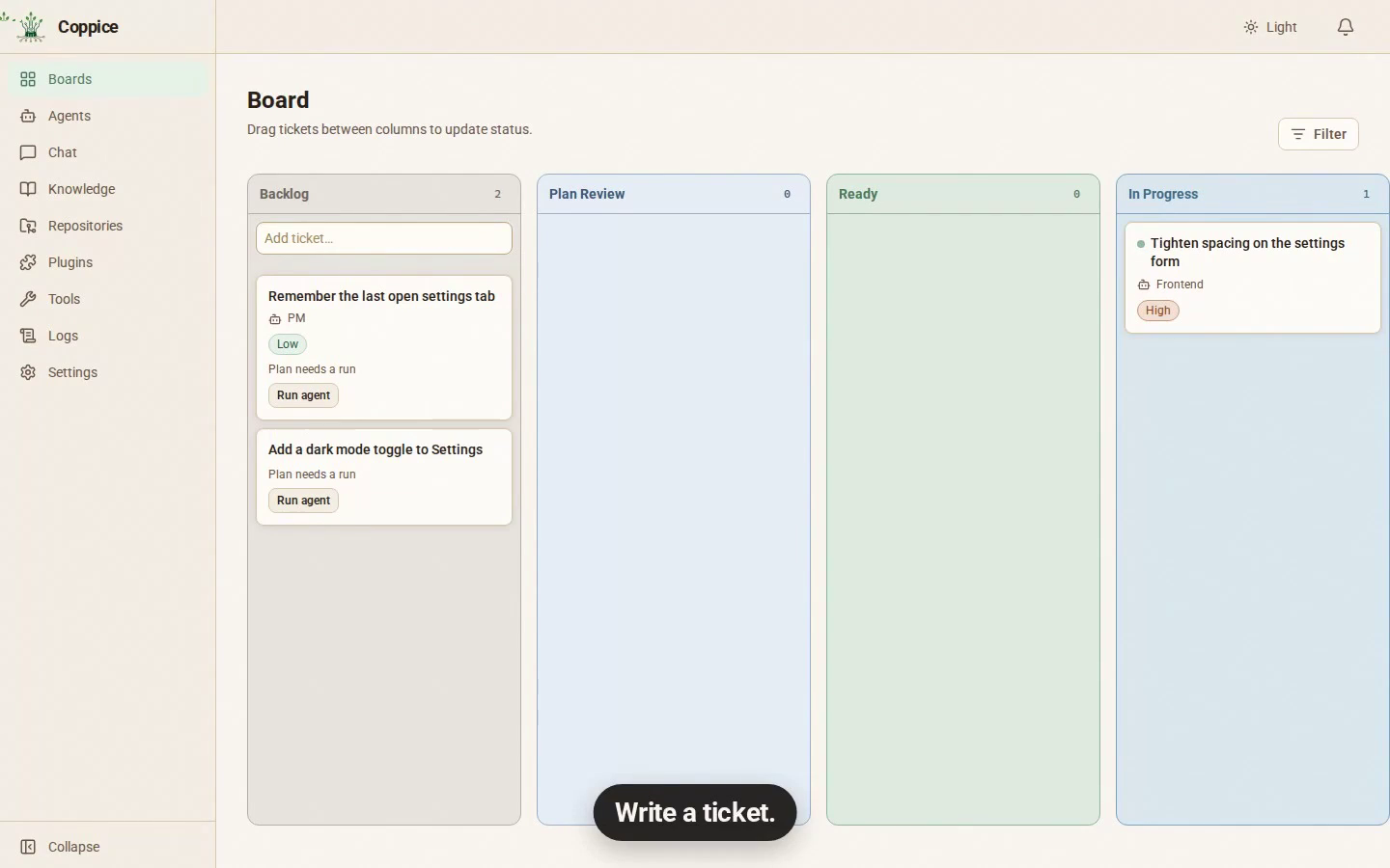 Coppice board with tickets for the acme-web repository